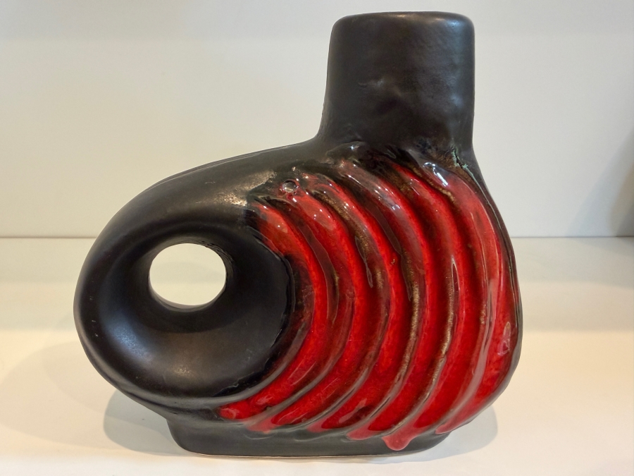 Vintage Mid-Century Modern Fat Lava West German Art Pottery Vase By Walter Becht Featuring A Black And Red Glaze Model 156/15 6'H [Photo 2]