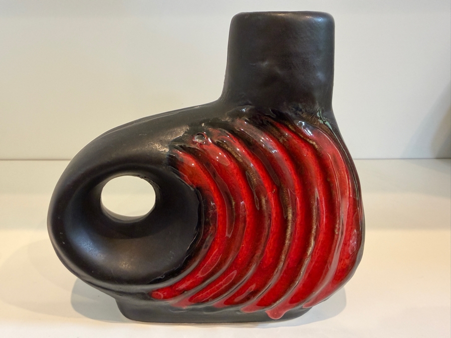 Vintage Mid-Century Modern Fat Lava West German Art Pottery Vase By Walter Becht Featuring A Black And Red Glaze Model 156/15 6'H [Photo 3]
