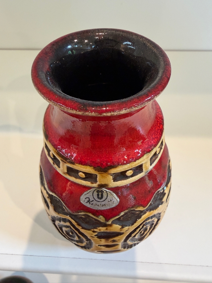 Vintage Mid-Century Modern Fat Lava West German Art Pottery Vase By Uebelacker (U-Keramik) Featuring A Red Glaze With Tribal Patterns Model 1398/14 6'H [Photo 4]
