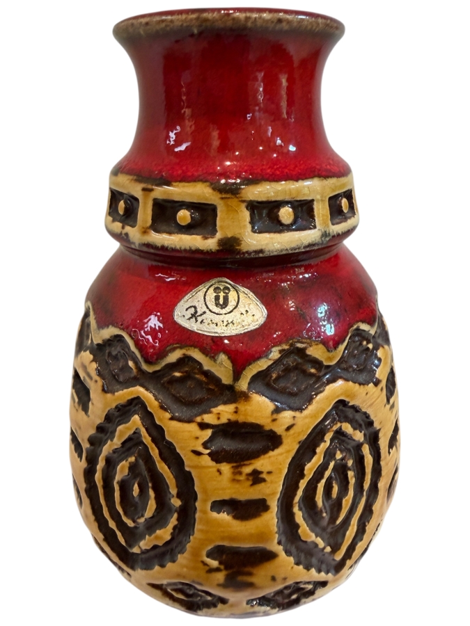 Vintage Mid-Century Modern Fat Lava West German Art Pottery Vase By Uebelacker (U-Keramik) Featuring A Red Glaze With Tribal Patterns Model 1398/14 6'H