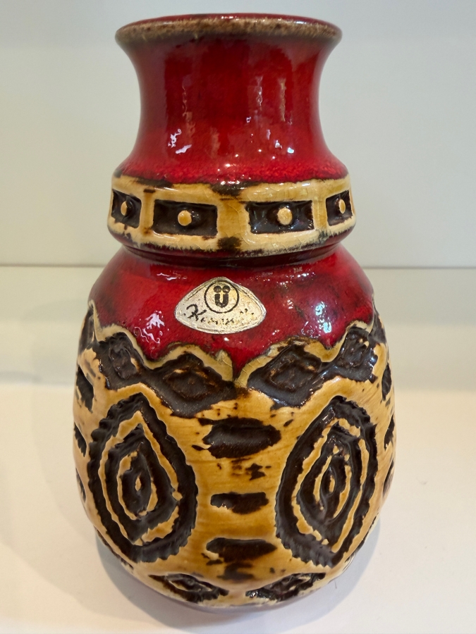 Vintage Mid-Century Modern Fat Lava West German Art Pottery Vase By Uebelacker (U-Keramik) Featuring A Red Glaze With Tribal Patterns Model 1398/14 6'H [Photo 2]