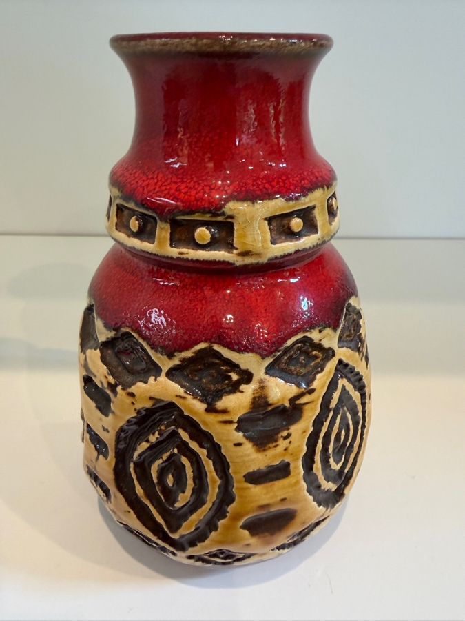Vintage Mid-Century Modern Fat Lava West German Art Pottery Vase By Uebelacker (U-Keramik) Featuring A Red Glaze With Tribal Patterns Model 1398/14 6'H [Photo 5]