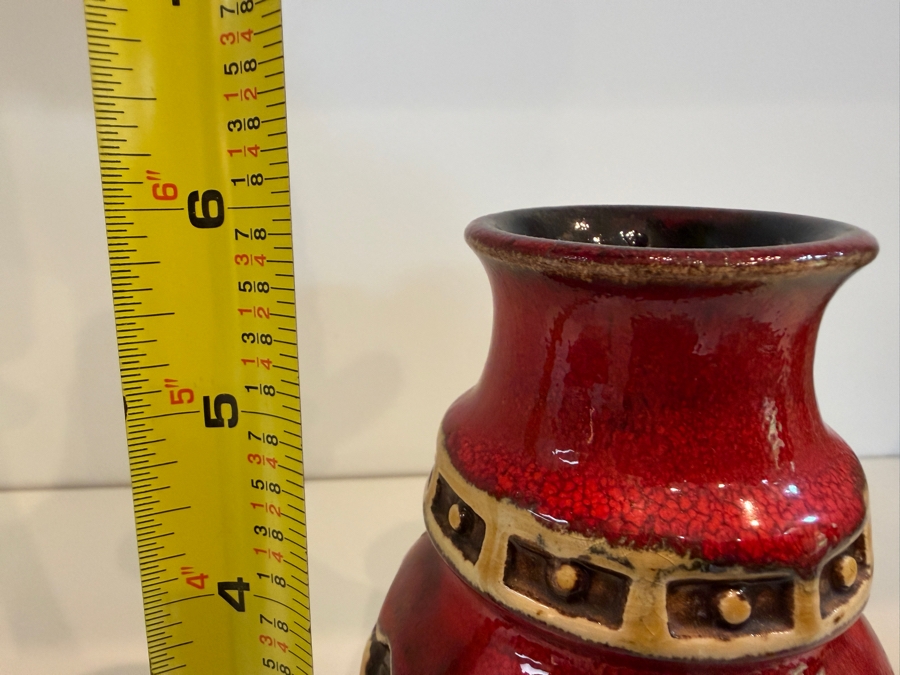 Vintage Mid-Century Modern Fat Lava West German Art Pottery Vase By Uebelacker (U-Keramik) Featuring A Red Glaze With Tribal Patterns Model 1398/14 6'H [Photo 7]