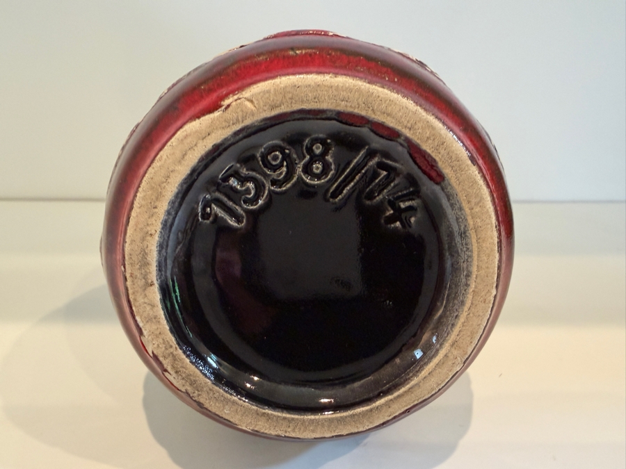 Vintage Mid-Century Modern Fat Lava West German Art Pottery Vase By Uebelacker (U-Keramik) Featuring A Red Glaze With Tribal Patterns Model 1398/14 6'H [Photo 6]