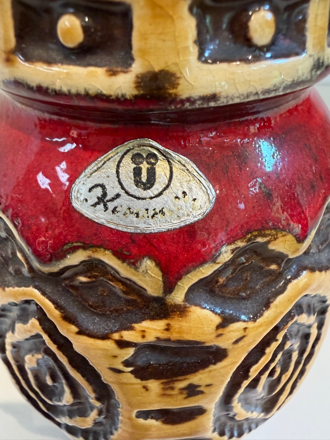 Vintage Mid-Century Modern Fat Lava West German Art Pottery Vase By Uebelacker (U-Keramik) Featuring A Red Glaze With Tribal Patterns Model 1398/14 6'H [Photo 3]