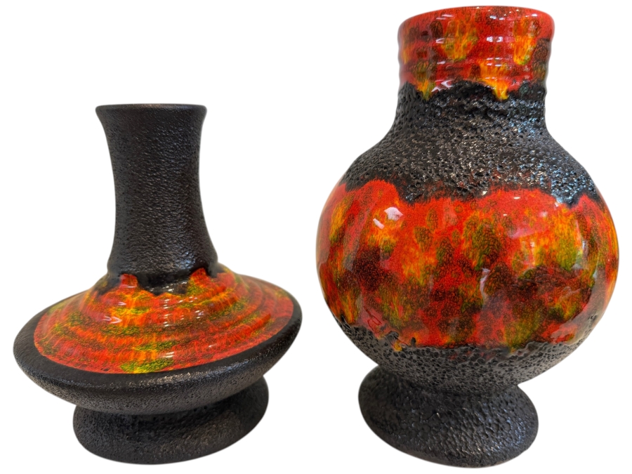 Pair Of Vintage Mid-Century Modern Fat Lava West German Art Pottery Vase By Walter Gerhards 6.5'-8'H