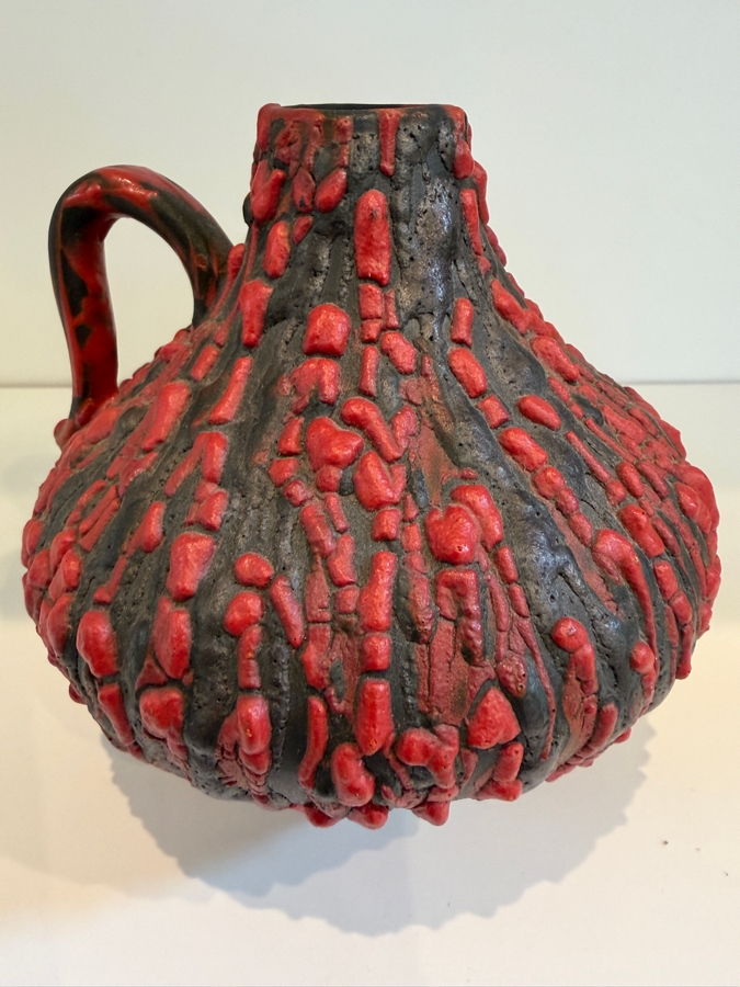 Vintage 1960's West German Ceramano 'Rubin' Fat Lava Vase By Hans Welling, Shape 242, Red And Black Textured Pottery 5'H [Photo 4]