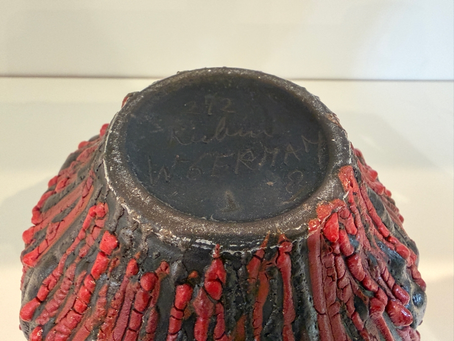 Vintage 1960's West German Ceramano 'Rubin' Fat Lava Vase By Hans Welling, Shape 242, Red And Black Textured Pottery 5'H [Photo 5]