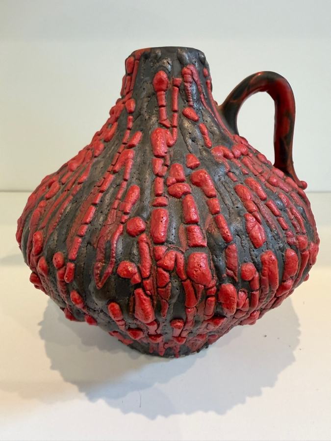 Vintage 1960's West German Ceramano 'Rubin' Fat Lava Vase By Hans Welling, Shape 242, Red And Black Textured Pottery 5'H [Photo 2]