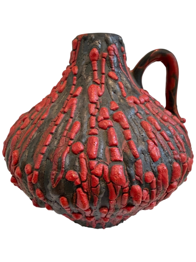 Vintage 1960's West German Ceramano 'Rubin' Fat Lava Vase By Hans Welling, Shape 242, Red And Black Textured Pottery 5'H