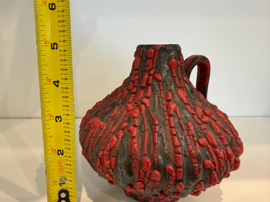 Vintage 1960's West German Ceramano 'Rubin' Fat Lava Vase By Hans Welling, Shape 242, Red And Black Textured Pottery 5'H [Photo 7]