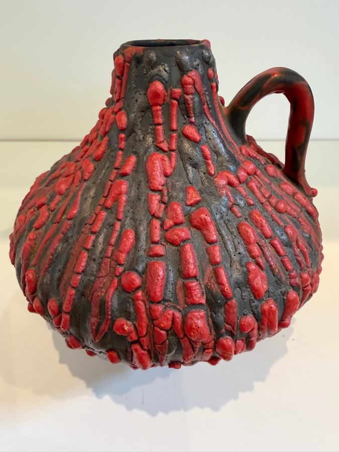 Vintage 1960's West German Ceramano 'Rubin' Fat Lava Vase By Hans Welling, Shape 242, Red And Black Textured Pottery 5'H [Photo 3]