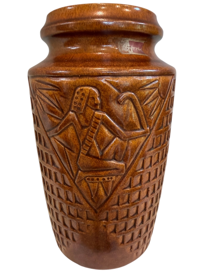 Vintage 1960's Mid-Century Modern West German Bay Keramik 'Egyptian Pharaoh' Relief Vase, Brown Glazed Pottery, Shape 537-17 10'H




