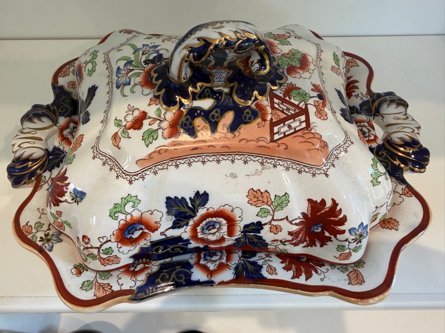 1 Of 2 Antique Ashworth Brothers Hanley Ironstone Platter, English Transferware With Royal Crown Backstamp, Late 19th To Early 20th Century, Collectible Pottery From Staffordshire 13'W X 9.5'D X 6'H [Photo 2]