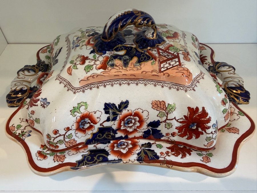 2 Of 2 Antique Ashworth Brothers Hanley Ironstone Platter, English Transferware With Royal Crown Backstamp, Late 19th To Early 20th Century, Collectible Pottery From Staffordshire 13'W X 9.5'D X 6'H [Photo 2]