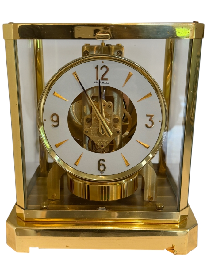 Working Vintage Jaeger-LeCoultre Atmos Perpetual Motion Mantel Clock, Gilt Brass And Glass Case, Swiss 15-Jewel Caliber 528 Movement, Mid-Century Luxury Timepiece, Circa 1960s-1970s 8.5'W X 6.5'D X 9.5'H