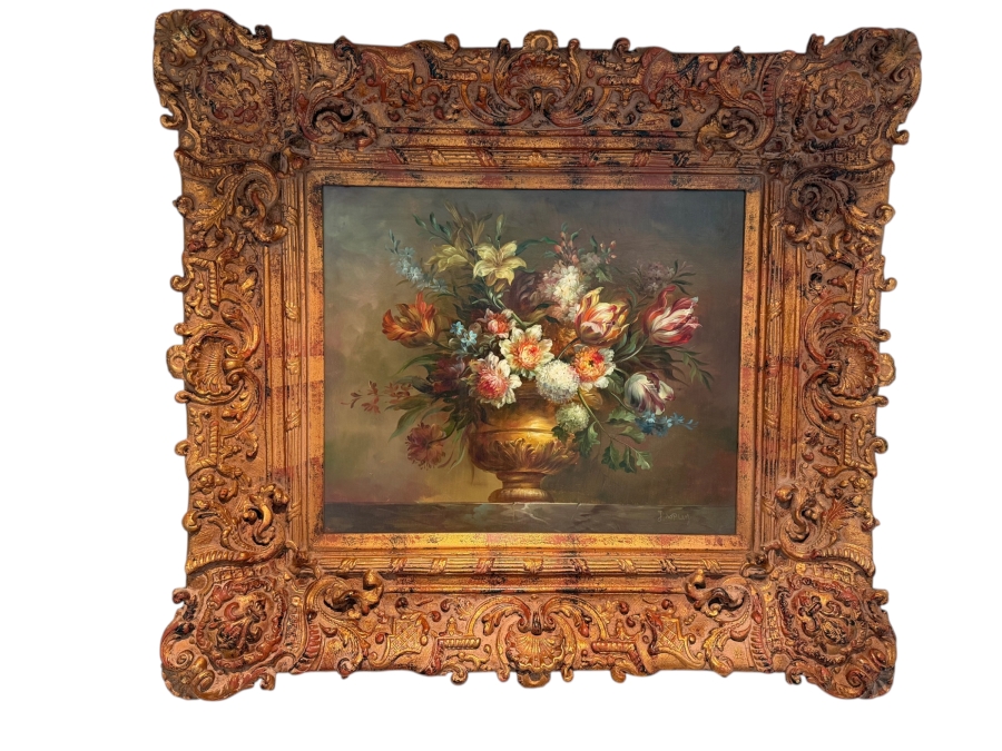 Stunning Original Still Life Oil Painting On Canvas Signed Lower Right 23.5 X 19 In A Beautiful Gilt Wooden Frame 38 X 34