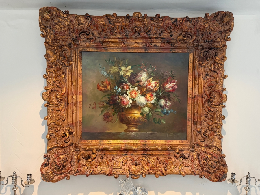 Stunning Original Still Life Oil Painting On Canvas Signed Lower Right 23.5 X 19 In A Beautiful Gilt Wooden Frame 38 X 34 [Photo 2]