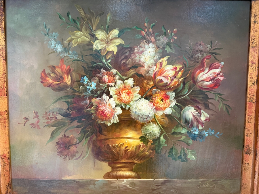 Stunning Original Still Life Oil Painting On Canvas Signed Lower Right 23.5 X 19 In A Beautiful Gilt Wooden Frame 38 X 34 [Photo 7]