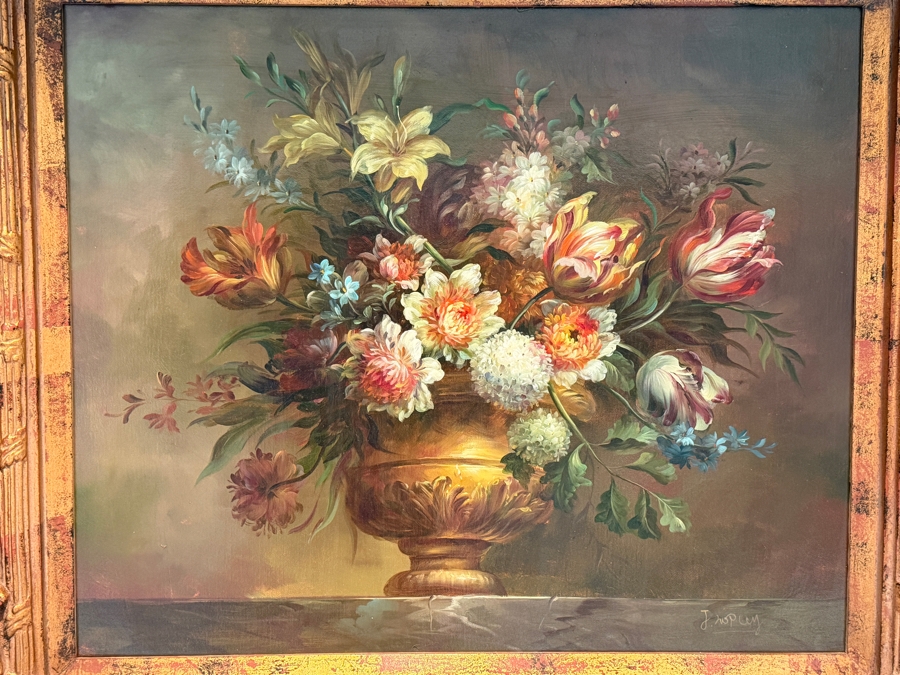 Stunning Original Still Life Oil Painting On Canvas Signed Lower Right 23.5 X 19 In A Beautiful Gilt Wooden Frame 38 X 34 [Photo 4]