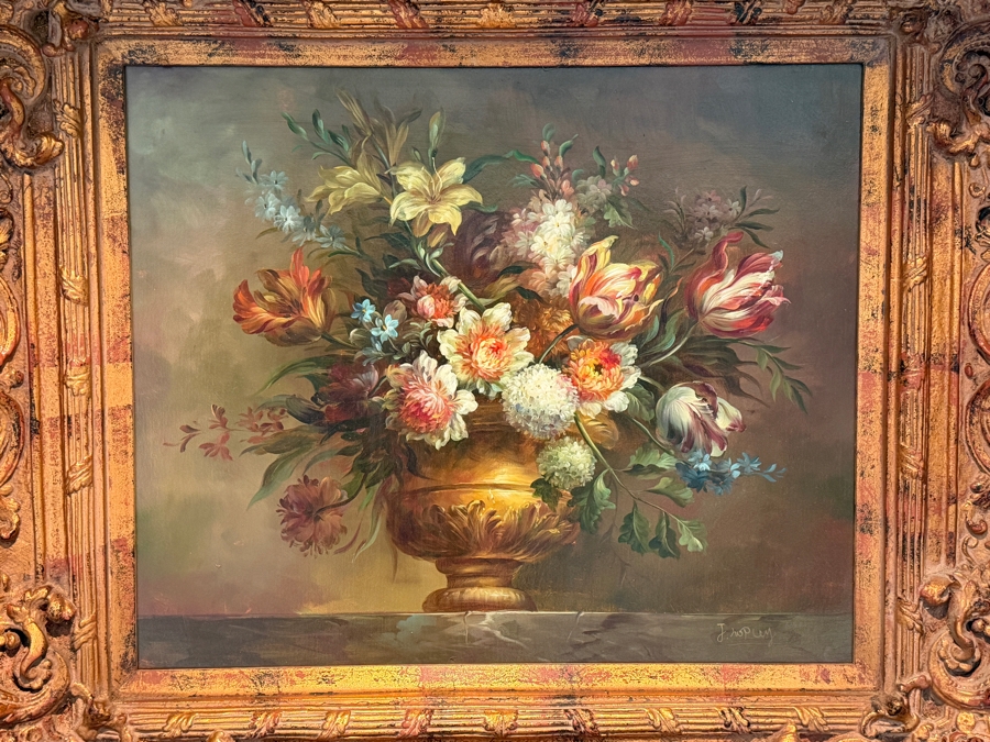 Stunning Original Still Life Oil Painting On Canvas Signed Lower Right 23.5 X 19 In A Beautiful Gilt Wooden Frame 38 X 34 [Photo 3]