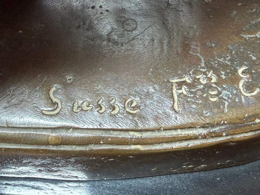Antique Art Deco Bronze Sculpture 'Femme Au Papillon' By Albert Marius Patrisse, Seated Nude With Butterfly, Hand-Inscribed Signature, Circa 1930 14'W X 6'D X 13'H [Photo 12]