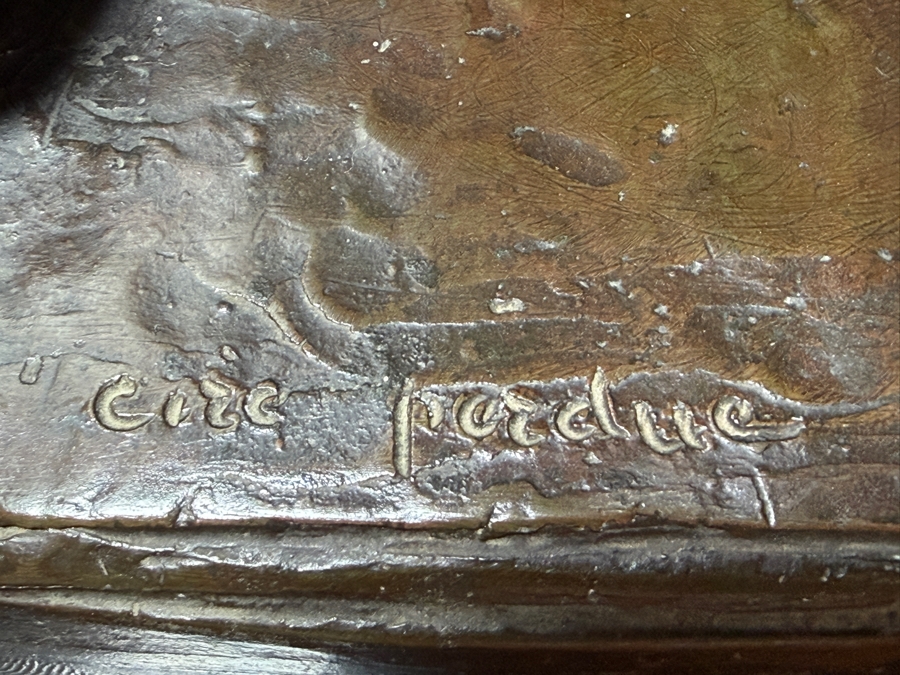 Antique Art Deco Bronze Sculpture 'Femme Au Papillon' By Albert Marius Patrisse, Seated Nude With Butterfly, Hand-Inscribed Signature, Circa 1930 14'W X 6'D X 13'H [Photo 9]