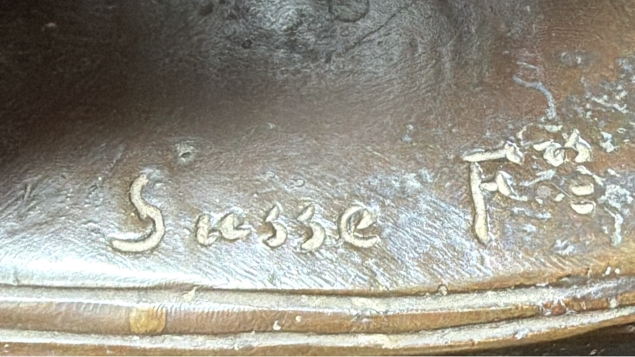 Antique Art Deco Bronze Sculpture 'Femme Au Papillon' By Albert Marius Patrisse, Seated Nude With Butterfly, Hand-Inscribed Signature, Circa 1930 14'W X 6'D X 13'H [Photo 11]