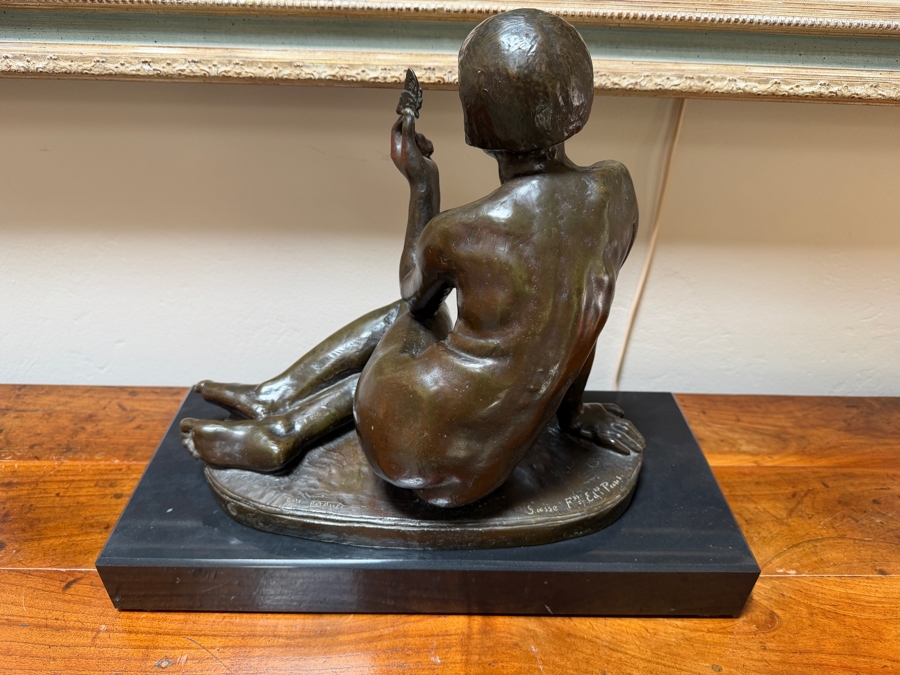 Antique Art Deco Bronze Sculpture 'Femme Au Papillon' By Albert Marius Patrisse, Seated Nude With Butterfly, Hand-Inscribed Signature, Circa 1930 14'W X 6'D X 13'H [Photo 15]