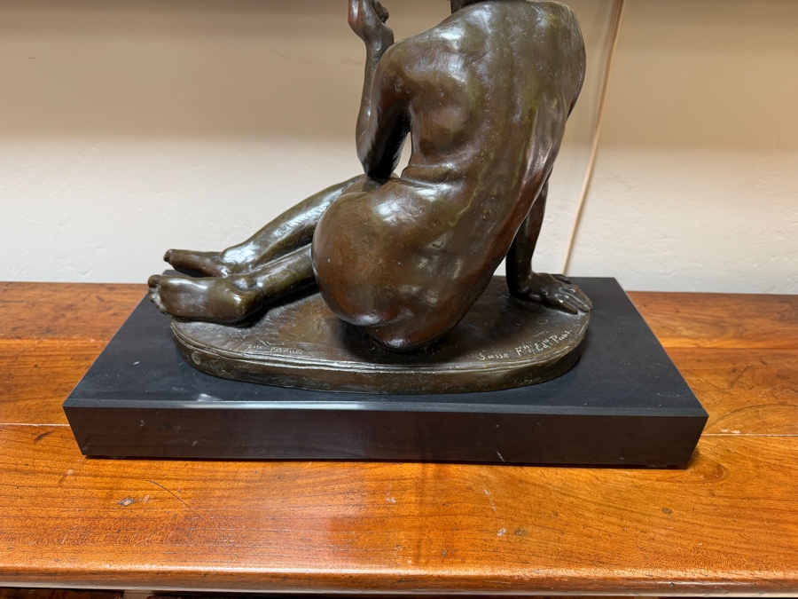 Antique Art Deco Bronze Sculpture 'Femme Au Papillon' By Albert Marius Patrisse, Seated Nude With Butterfly, Hand-Inscribed Signature, Circa 1930 14'W X 6'D X 13'H [Photo 16]