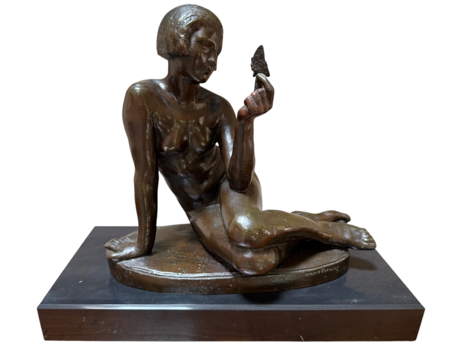 Antique Art Deco Bronze Sculpture 'Femme Au Papillon' By Albert Marius Patrisse, Seated Nude With Butterfly, Hand-Inscribed Signature, Circa 1930 14'W X 6'D X 13'H
