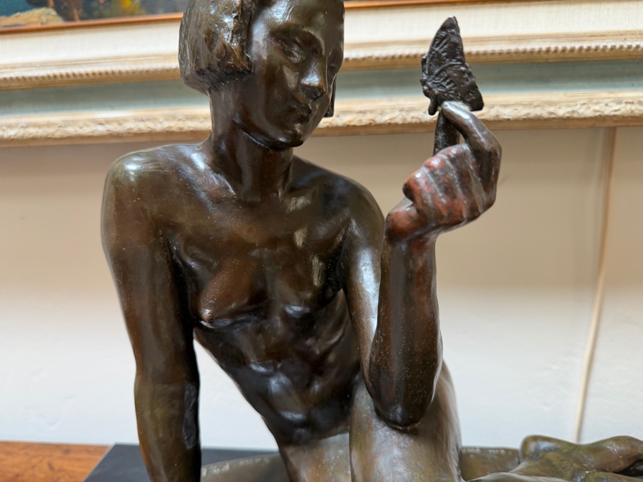 Antique Art Deco Bronze Sculpture 'Femme Au Papillon' By Albert Marius Patrisse, Seated Nude With Butterfly, Hand-Inscribed Signature, Circa 1930 14'W X 6'D X 13'H [Photo 6]