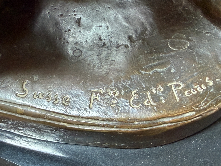 Antique Art Deco Bronze Sculpture 'Femme Au Papillon' By Albert Marius Patrisse, Seated Nude With Butterfly, Hand-Inscribed Signature, Circa 1930 14'W X 6'D X 13'H [Photo 10]