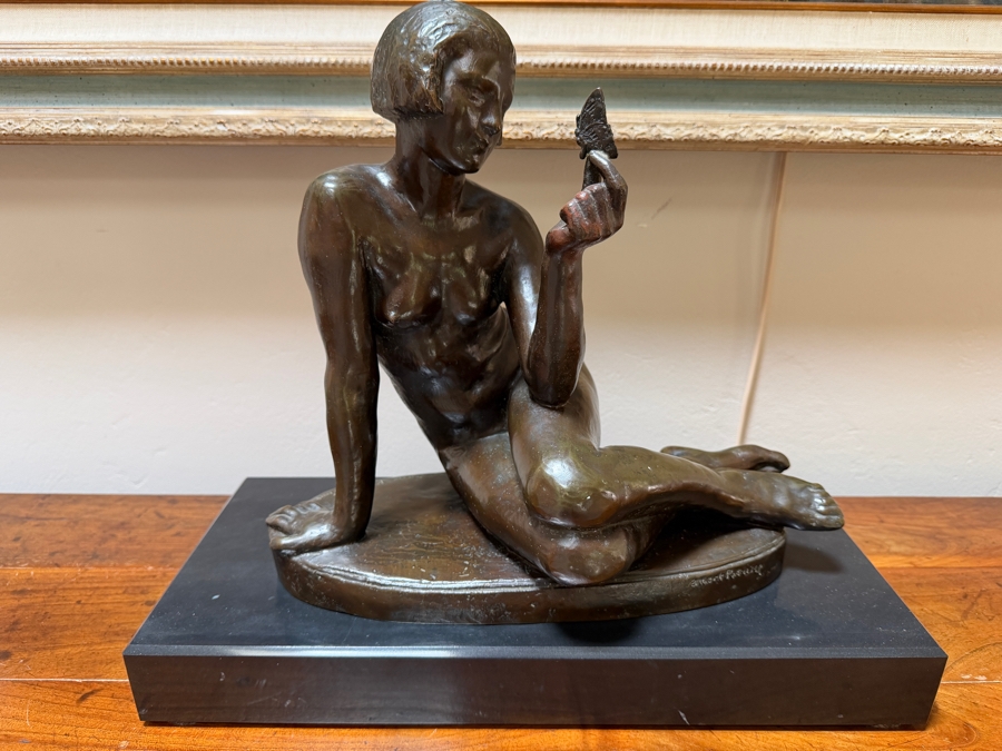 Antique Art Deco Bronze Sculpture 'Femme Au Papillon' By Albert Marius Patrisse, Seated Nude With Butterfly, Hand-Inscribed Signature, Circa 1930 14'W X 6'D X 13'H [Photo 2]