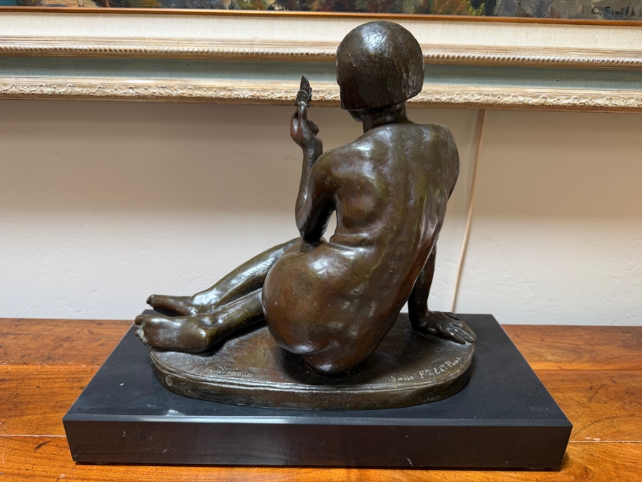 Antique Art Deco Bronze Sculpture 'Femme Au Papillon' By Albert Marius Patrisse, Seated Nude With Butterfly, Hand-Inscribed Signature, Circa 1930 14'W X 6'D X 13'H [Photo 7]