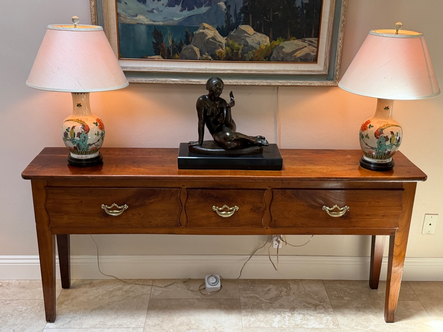 Antique Georgian Style Three-Drawer Wooden Sideboard Server Console Table With Brass Bail Pulls And Tapered Legs 68W X 14.5D X 30H


 [Photo 4]