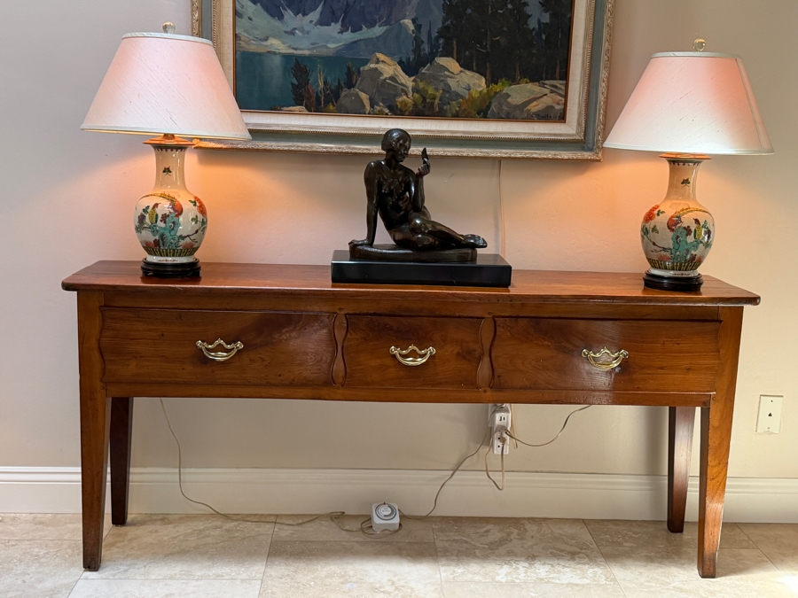 Antique Georgian Style Three-Drawer Wooden Sideboard Server Console Table With Brass Bail Pulls And Tapered Legs 68W X 14.5D X 30H


 [Photo 3]