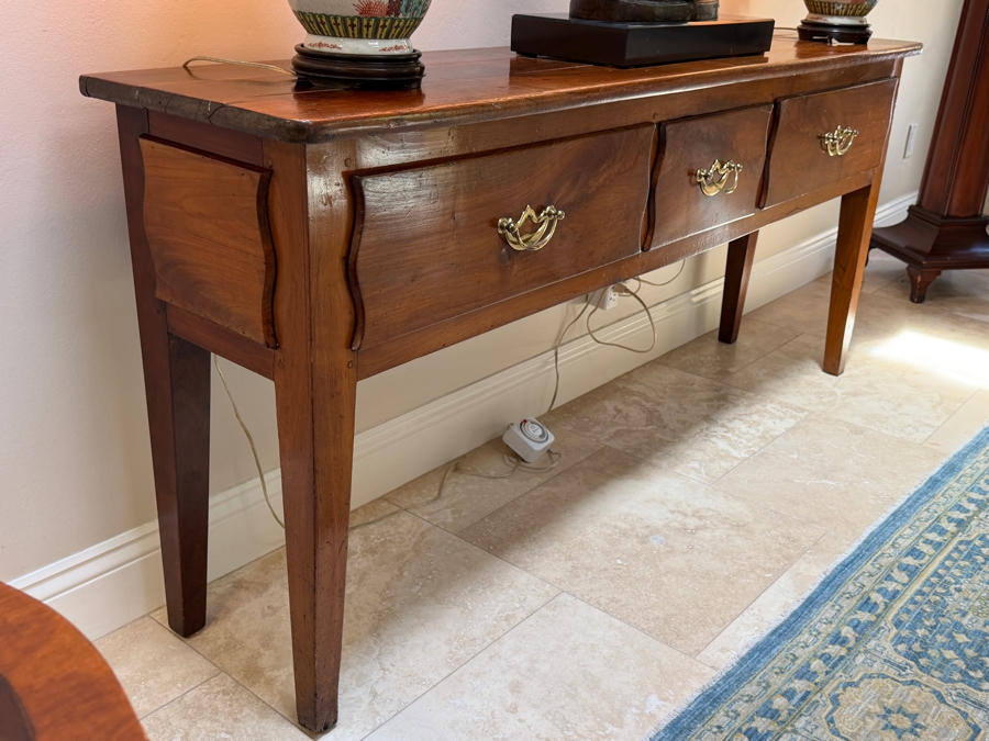 Antique Georgian Style Three-Drawer Wooden Sideboard Server Console Table With Brass Bail Pulls And Tapered Legs 68W X 14.5D X 30H


 [Photo 6]