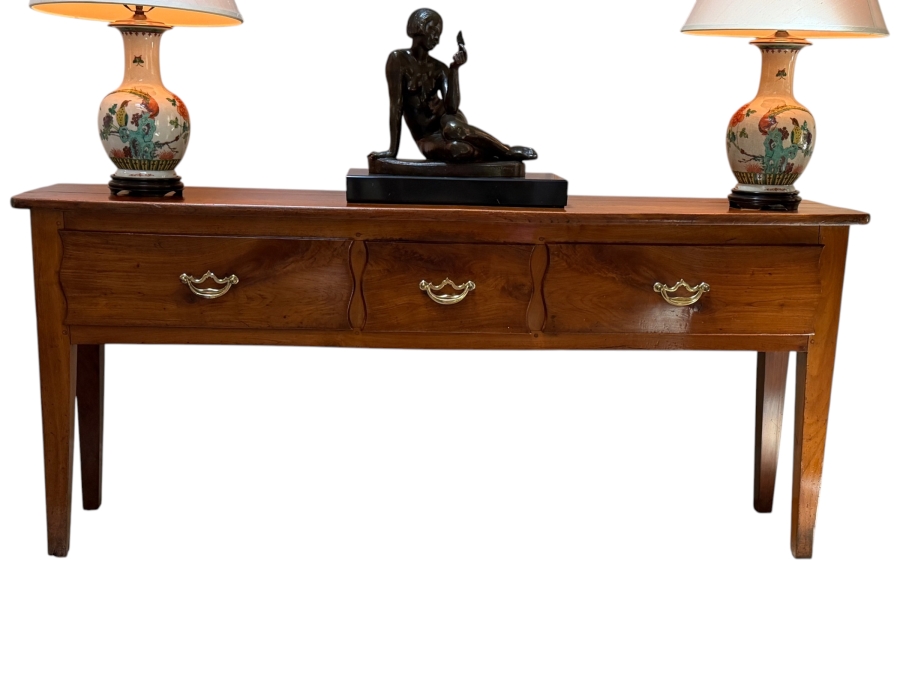 Antique Georgian Style Three-Drawer Wooden Sideboard Server Console Table With Brass Bail Pulls And Tapered Legs 68W X 14.5D X 30H


 [Photo 2]