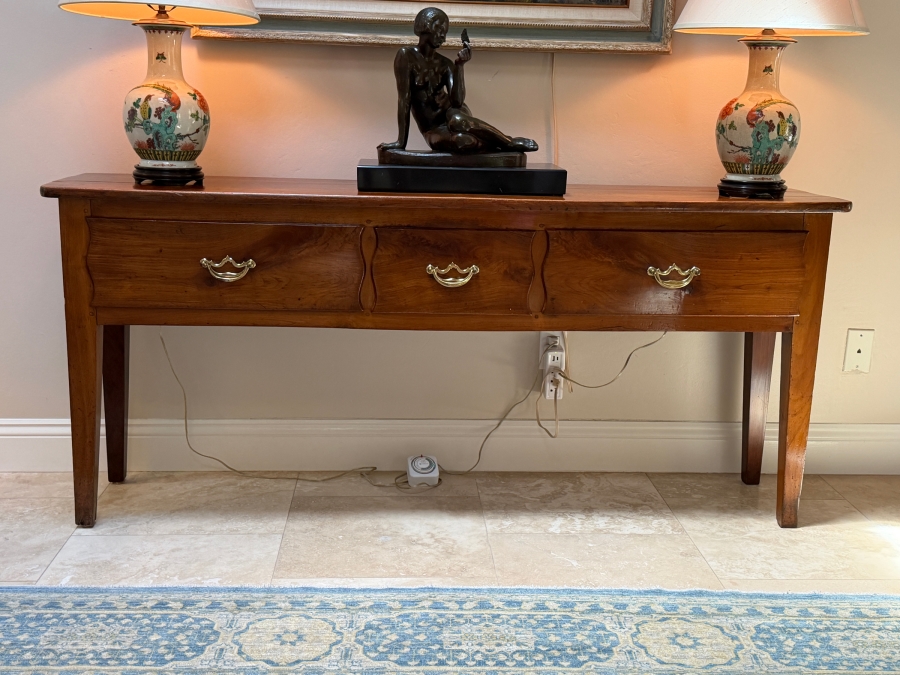 Antique Georgian Style Three-Drawer Wooden Sideboard Server Console Table With Brass Bail Pulls And Tapered Legs 68W X 14.5D X 30H


