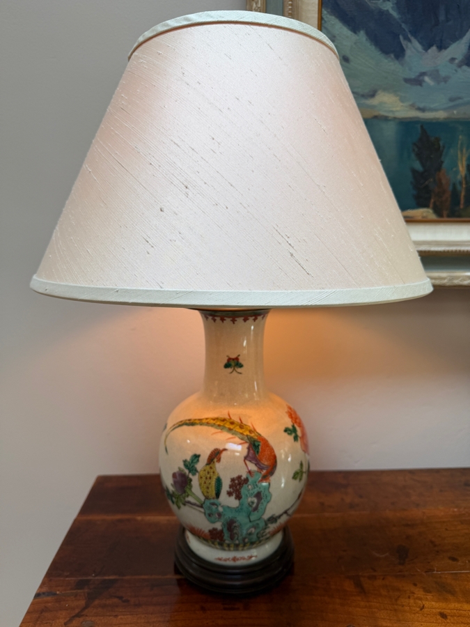 Pair Of Vintage Chinese Famille Rose Crackle Glaze Porcelain Vase Lamps Featuring Hand-Painted Pheasants And Floral Motifs On A Carved Wooden Base 24'H [Photo 3]