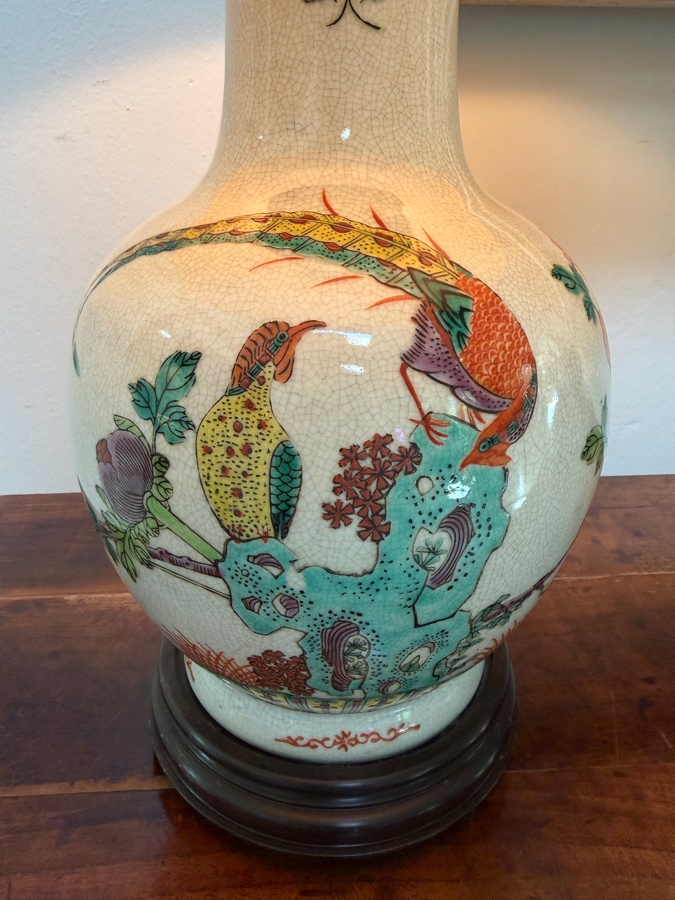 Pair Of Vintage Chinese Famille Rose Crackle Glaze Porcelain Vase Lamps Featuring Hand-Painted Pheasants And Floral Motifs On A Carved Wooden Base 24'H [Photo 4]