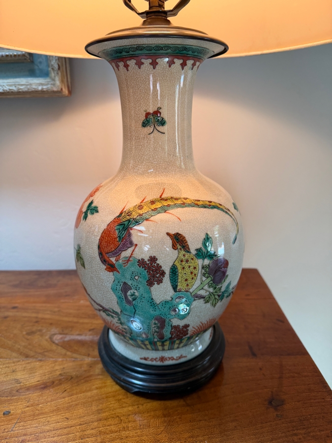 Pair Of Vintage Chinese Famille Rose Crackle Glaze Porcelain Vase Lamps Featuring Hand-Painted Pheasants And Floral Motifs On A Carved Wooden Base 24'H [Photo 7]