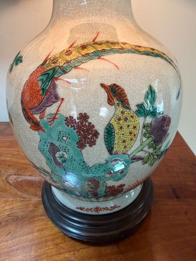 Pair Of Vintage Chinese Famille Rose Crackle Glaze Porcelain Vase Lamps Featuring Hand-Painted Pheasants And Floral Motifs On A Carved Wooden Base 24'H [Photo 8]