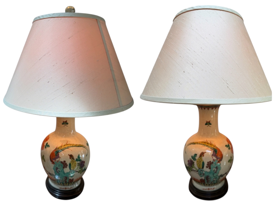 Pair Of Vintage Chinese Famille Rose Crackle Glaze Porcelain Vase Lamps Featuring Hand-Painted Pheasants And Floral Motifs On A Carved Wooden Base 24'H