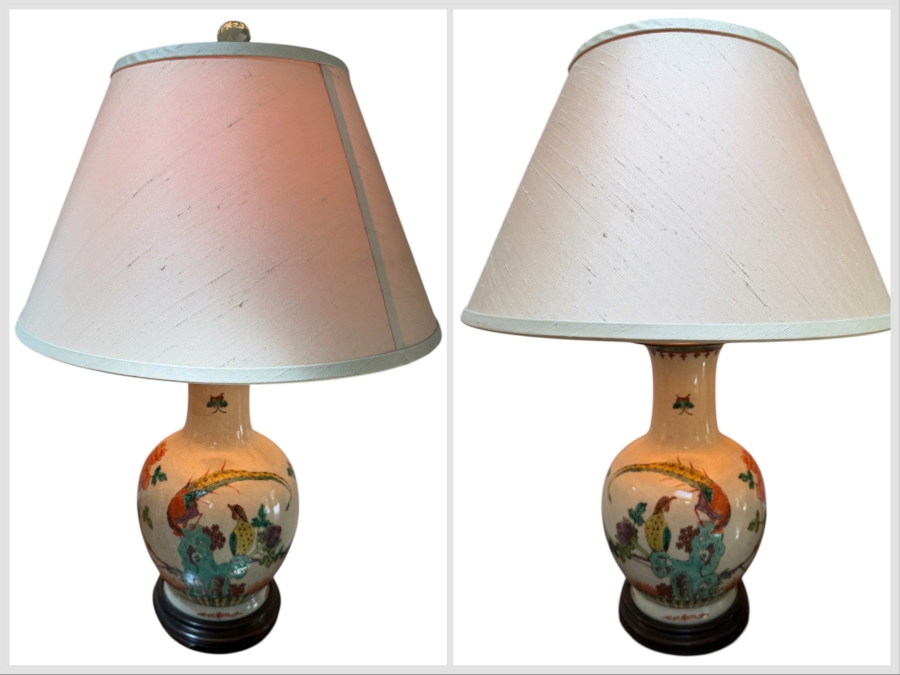 Pair Of Vintage Chinese Famille Rose Crackle Glaze Porcelain Vase Lamps Featuring Hand-Painted Pheasants And Floral Motifs On A Carved Wooden Base 24'H [Photo 2]