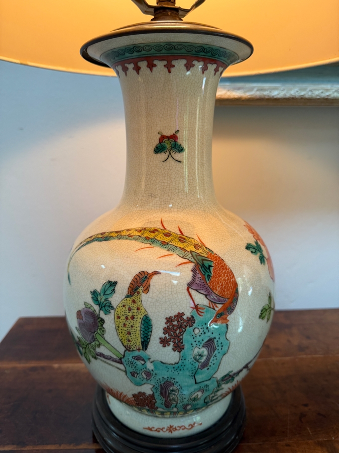 Pair Of Vintage Chinese Famille Rose Crackle Glaze Porcelain Vase Lamps Featuring Hand-Painted Pheasants And Floral Motifs On A Carved Wooden Base 24'H [Photo 5]