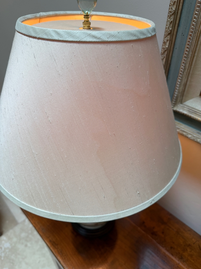 Pair Of Vintage Chinese Famille Rose Crackle Glaze Porcelain Vase Lamps Featuring Hand-Painted Pheasants And Floral Motifs On A Carved Wooden Base 24'H [Photo 10]