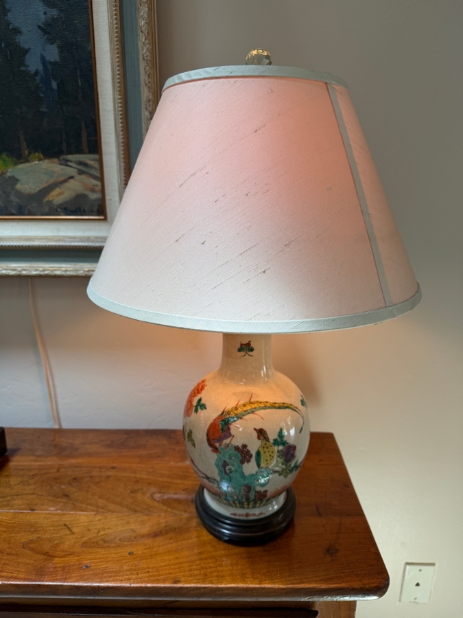 Pair Of Vintage Chinese Famille Rose Crackle Glaze Porcelain Vase Lamps Featuring Hand-Painted Pheasants And Floral Motifs On A Carved Wooden Base 24'H [Photo 6]