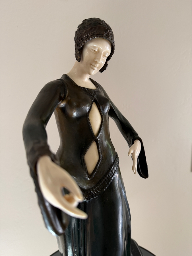 After Dimitri H. Chiparus (1886-1947) Art Deco Bronze Sculpture of Woman With Carved Face On Marble Base Signed D H Chiparus 18.5'H [Photo 11]